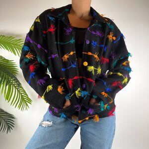 Vintage 90s Black Indie Grunge Rainbow Artsy Knit Retro Women's Blazer / Size: L